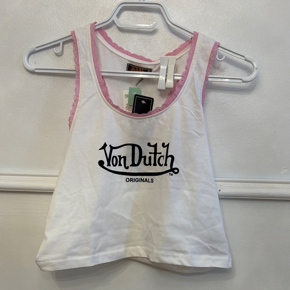 New with tags Von Dutch Tank Top cropped with Pink Lace Trim